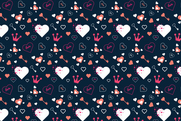 Repeating love pattern vector on a dark background. Abstract love shape pattern design for valentine's event. Seamless love pattern decoration with king crowns and love keys. Endless pattern vector.
