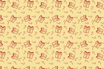 Beautiful Christmas pattern design with gift icons and candy canes. Xmas pattern decoration on a golden background. Christmas seamless pattern vector for gift papers, backgrounds, and wallpapers.