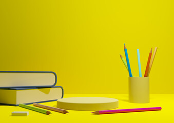 Bright, neon yellow 3D illustration back to school product display podium or stand, horizontal image from the side with pencils and books on table for product photography background or wallpaper