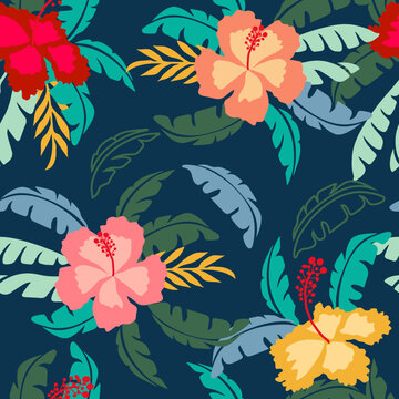 Tropical flower seamless pattern , silhouette of blooming,  hand drawn botanical, Floral leaf for spring and Summer time, natural ornaments for textile, fabric, wallpaper, texture design.