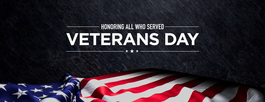Premium Banner for Veterans Day with US Flag and Black Slate Background.