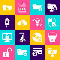 Set FTP folder and lock, Cooler bag, Shield security with, Folder, Cloud computing and Retro wall watch icon. Vector
