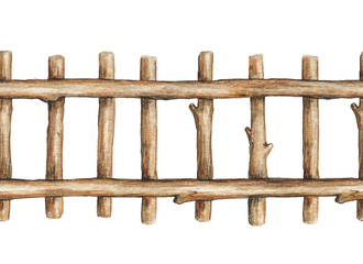 Naklejka premium Timber wooden fence seamless border element. Watercolor illustration. Wooden fence on white background. Hand drawn vintage style rustic farm, garden, park secure border element