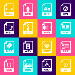 Set JS file document, PPT, PDF, OTF, ZIP and M3U icon. Vector