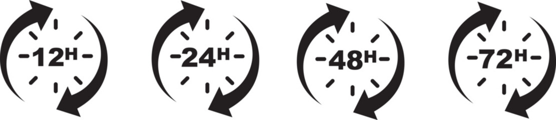 Hours clocks with arrow. 12, 24, 48, 72 work time icons. Hour delivery and service. Vector