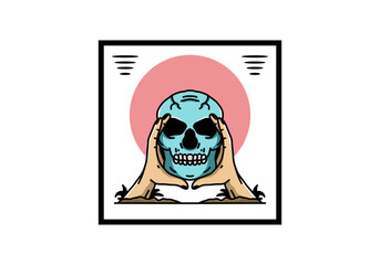 Two hand holding a skull illustration badge