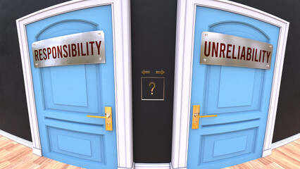 Responsibility or Unreliability - a choice. Two options to choose from leading to different outcomes. Symbolizes decision to pick up either Responsibility or Unreliability.,3d illustration