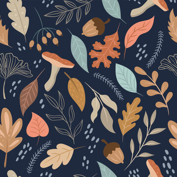 Seamless botanical pattern on a blue background with autumn decoration