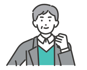 ガッツポーズをするシニア男性の線画ベクターイラスト素材／男性／オシャレ／終活