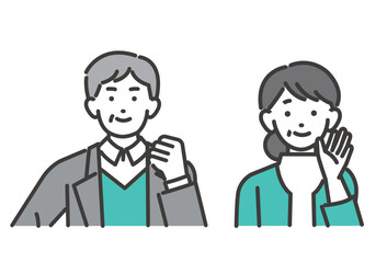 シンプルなシニア夫婦の線画ベクターイラスト素材／男女／オシャレ／終活