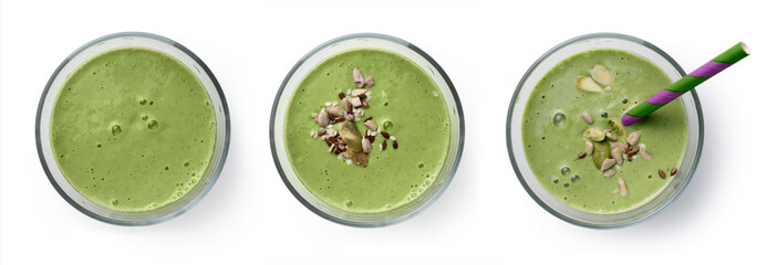 Green smoothie  isolated on white, detox drink with various grains and seeds, vegetarian food, healthy food