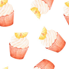 Lemon cupcakes seamless pattern. Watercolor illustration. Isolated on a white background