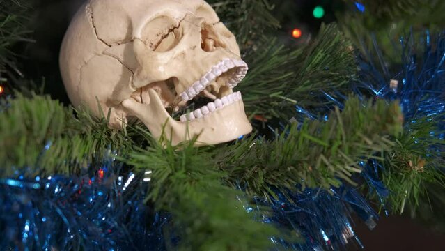 Scary Christmas holiday indoor. A view of merry christmas days with decorated tree with a skull in the room.