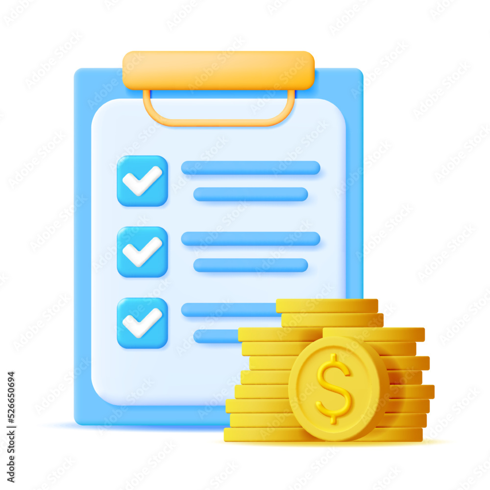Poster 3d checklist on clipboard paper with gold coins isolated. successfully complete business assignments