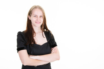 young businesswoman arms crossed on white background with empty copy space