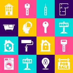 Set Hanging sign with For Sale, House key, Rent, Skyscraper, Man dreaming about buying house, Bathtub, and icon. Vector