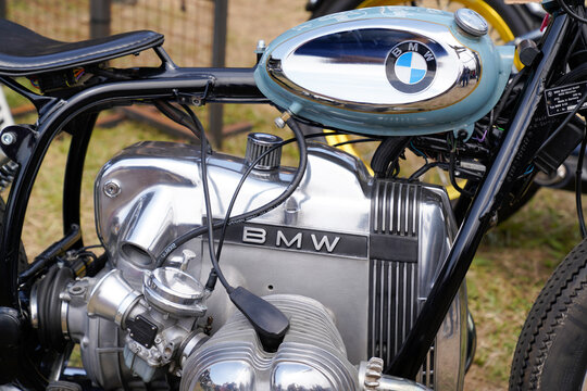 BMW logo brand tank and sign text on custom scrambler motorcycle old vintage old bike oldtimer retro motorbike
