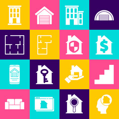 Set Man dreaming about buying house, Staircase, House with dollar symbol, plan, and under protection icon. Vector