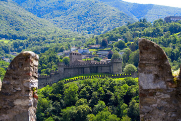 Fototapeta premium Famous Unesco Word Heritage castle Montebello at City of Bellinzona on a sunny summer day. Photo taken July 4th, 2022, Bellinzona, Switzerland.