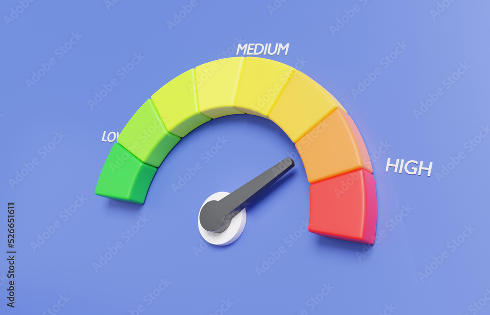 Poster speedometer icon infographic, arrow point scale speed high status red, performance, pointer rating r