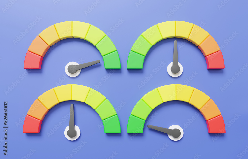 Poster 3d set display speedometer icon red and green color with arrow scale speed status, performance, poin