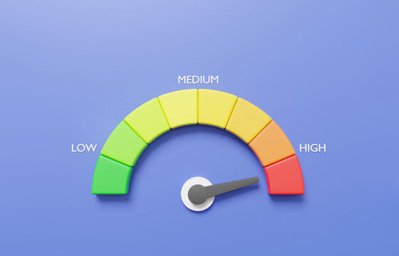 Arrow point scale speed high status red speedometer icon Performance, pointer rating risk levels, meter, tachometer on purple background. minimal cartoon. 3d render illustration