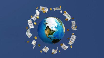 Gold coin and banknote around the globe or earth, world business concept, element by NASA, 3D rendering. - 526652257