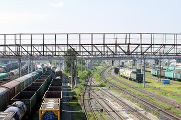 Railway freight trains. Russian Railways. Energy crisis concept.