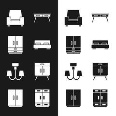 Set Big bed, Wardrobe, Armchair, Office desk, Chandelier, Chest of drawers, and icon. Vector