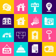Set Online real estate house, House key, plan, Hanging sign with text Sold, Location, Real message and Skyscraper icon. Vector