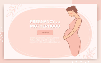 Pregnancy banner with place for text. Happy pregnant mom, obstetrics and motherhood support. Vector flat cartoon landing page blank.