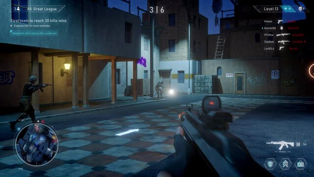 Looped Night Video Game Mock-up Concept: Game play of Multiplayer 3D Shooter. Fun FPS for Pro Gamers. POV Person Playing, Shooting Enemies, Scoring Kills. Online Tournament Cyber Championship