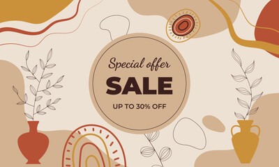 Fototapeta premium Aesthetic background sale 30% off. Boho background. Background with rainbows, vase, sun, leaves, dots and geometric shapes in boho and aesthetic style. Vector Illustration.