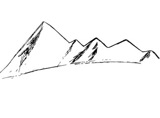 On a white background, a landscape with black mountains