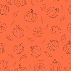 pumpkin and leaves seamless pattern hand drawn in doodle. vegetables in a simple line style
