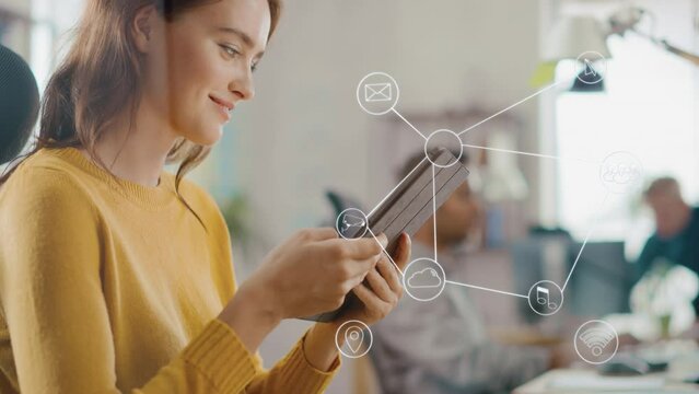 Virtual Connection Visualization Concept: Happy Young Woman Uses Digital Tablet Computer in the Office. Infographics Illustrate Cloud Computing, Artificial Intelligence, e-Commerce, Communication