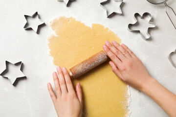 Concept of tools for cooking cookies, cookie cutter, top view