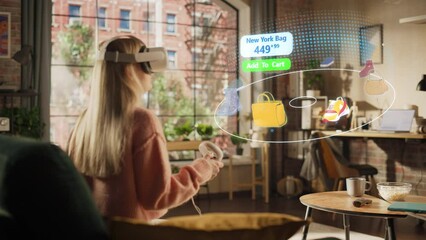 Woman at Home, Using Virtual Reality Headset for Online Shopping, Browsing through Pictures of Stylish Brand Shoes and Handbags. Scrolling Mock-up Internet Clothing Store App for e-Commerce products