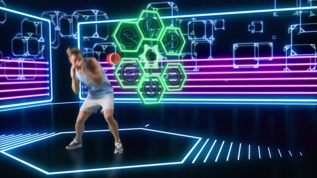 Virtual Reality Shadow Boxer Video Game. In Metaverse Fit Caucasian Man Fight Against Artificial Intelligence, Scoring Points, Virtual Training, Fitness, Exercise, Workout. 3D VFX Graphics, Animation