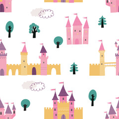 Cute cartoon Fairy - vector print. You are Magical. Cute Scandinavian little fairy print. Seamless pattern with fairy baby character, castle