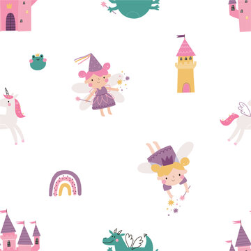 Cute cartoon Fairy - vector print. You are Magical. Cute Scandinavian little fairy print. Seamless pattern with fairy baby character, castle