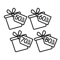 Gift box icon. 50%, 60%, 70%, and 80% sale gift box tag sign icon. Discount symbol. Special offer label. Colored flat icons on white background.