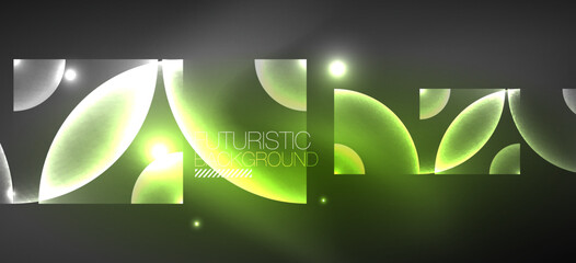 Shiny neon geometric abstract background. Glowing lights on round shapes, triangles and circles. Wallpaper for concept of AI technology, blockchain, communication, 5G, science, business
