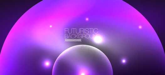 Abstract background with neon glowing light effects. Round shapes, triangles and circles. Wallpaper for concept of AI technology, blockchain, communication, 5G, science, business and technology