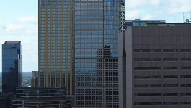 Aerial Parallax, Modern Corporate Skyscraper Buildings In Downtown Minneapolis, Minnesota