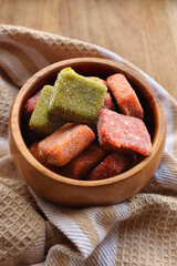 Fruit dainties, a traditional and classic South African snack made from dried fruit and covered in sugar. Usually made with dried peaches, apricots and pears 