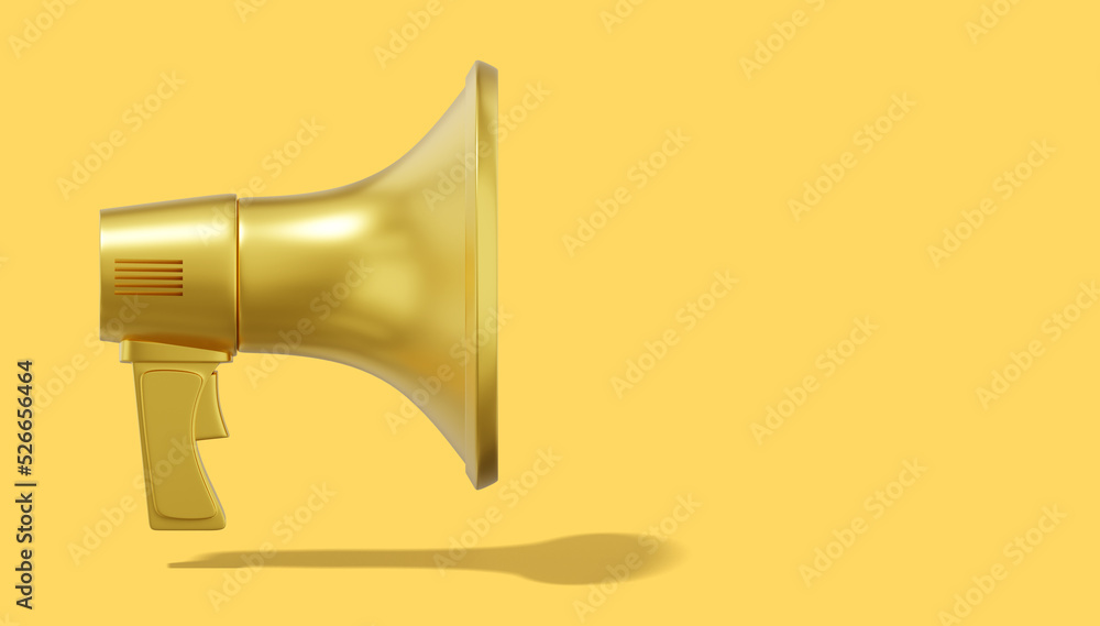Poster 3d rendering. golden megaphone on yellow background with space for text. side view.