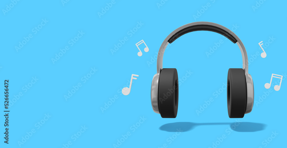 Poster 3d rendering. realistic gray headphones with musical notes on blue background with space for text. f