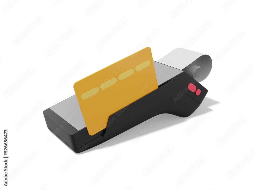 Poster device for nfc pay. gray black pos terminal with credit card and check. modern machine for cashless 