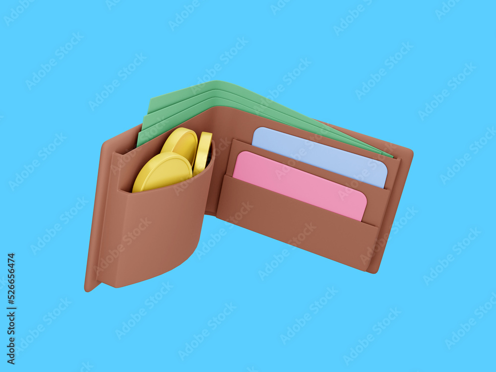 Poster concept payment icon open wallet with coins, bills and credit cards floating on a blue background. 3